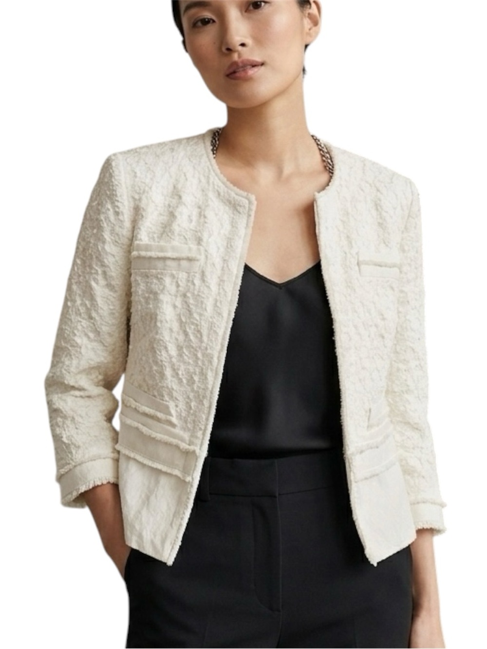 Seventy Cream Tweed Fringe Edge Fitted Jacket Blazer Size 4